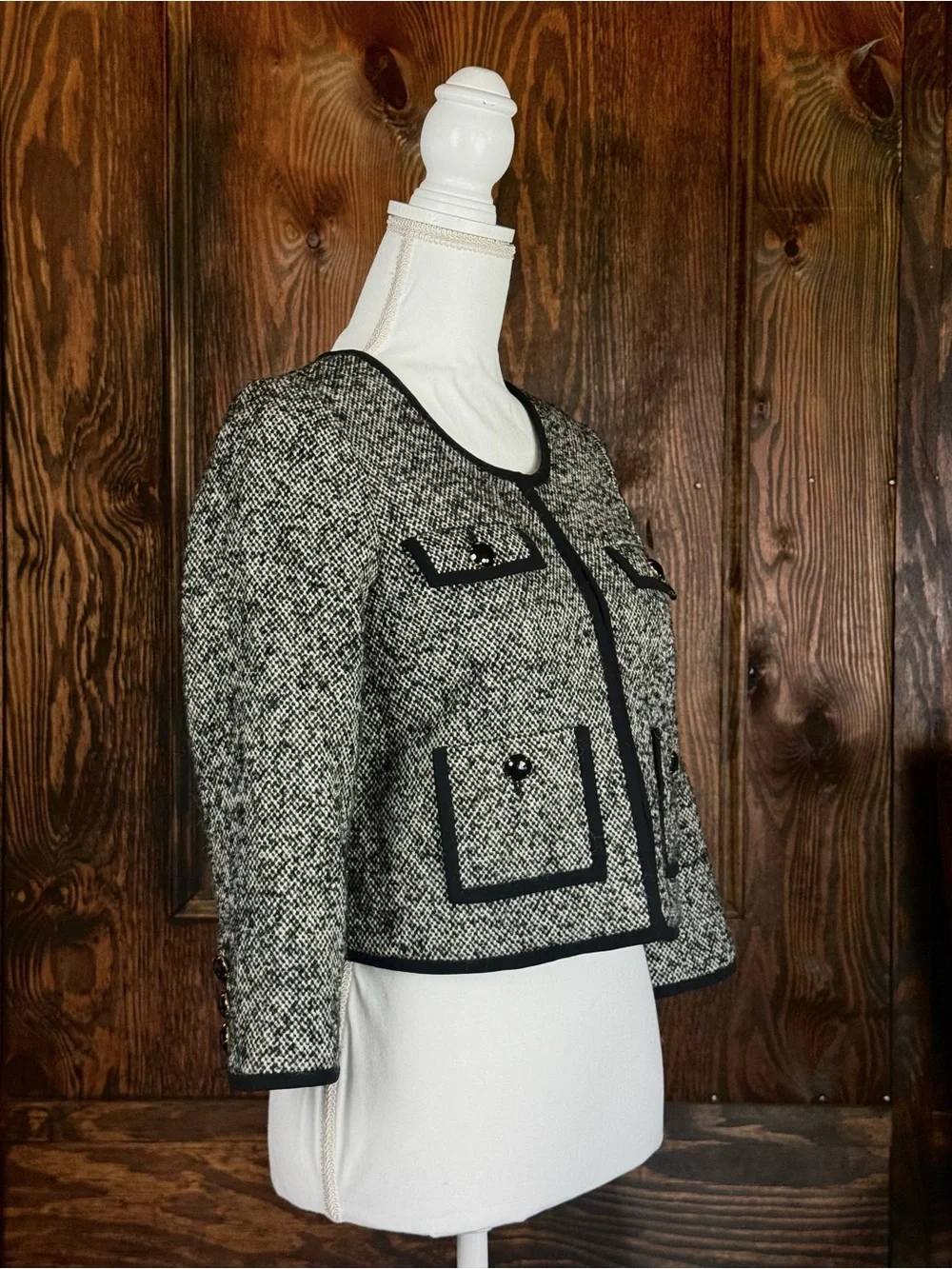 kate spade Black and White Tweed Trimmed Cropped Blazer